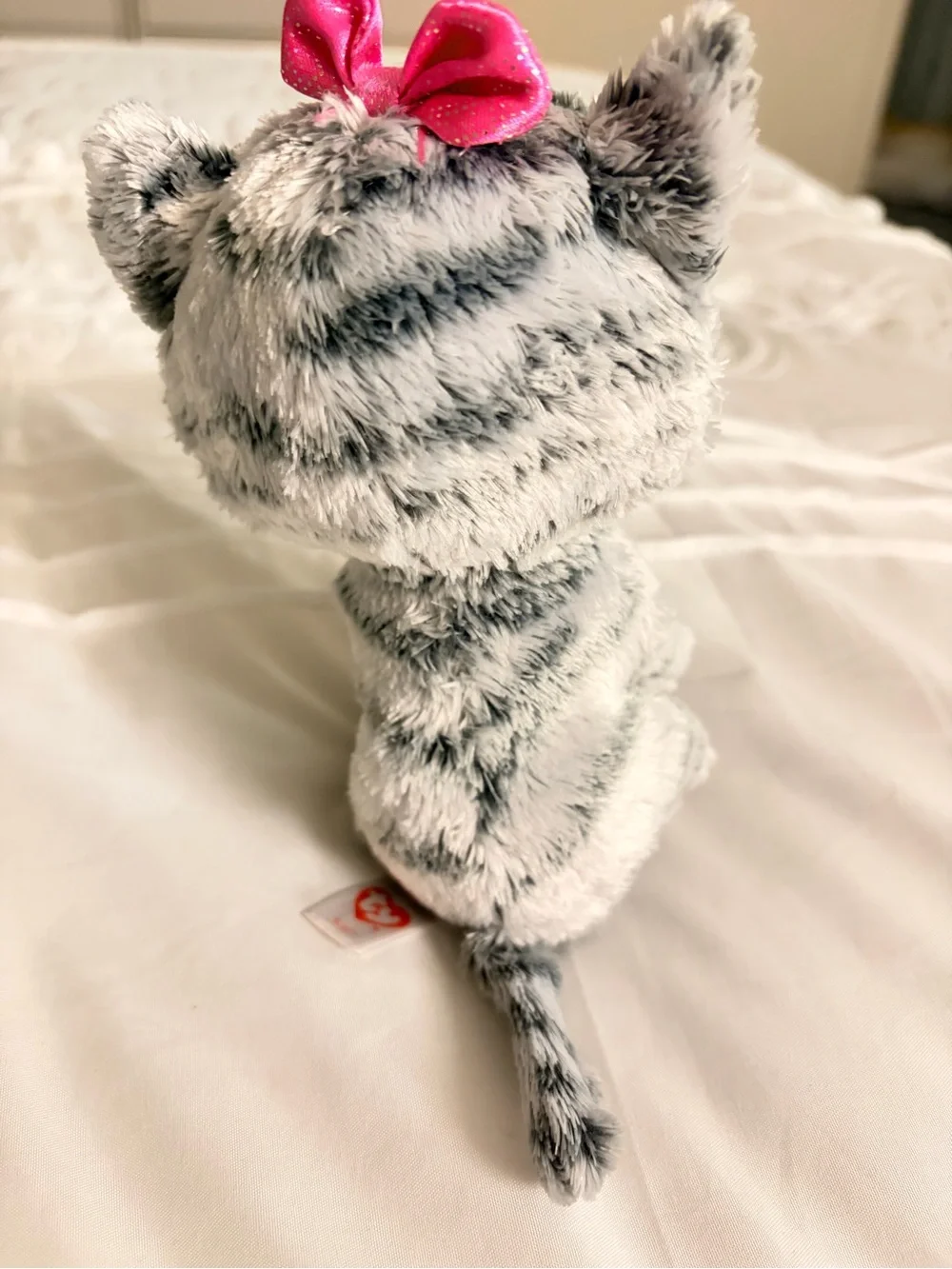 Ty Grey & White Plush Kitty with Pink Bow and Accents